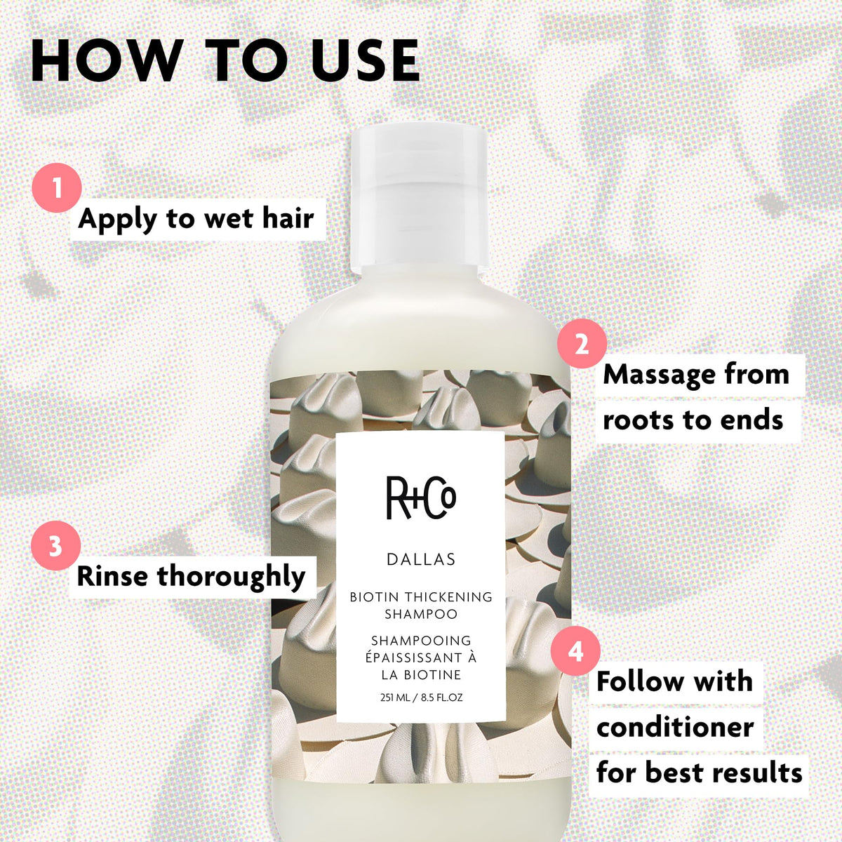 R+Co Dallas bottle next to styling tools suggesting heat protection and styling readiness