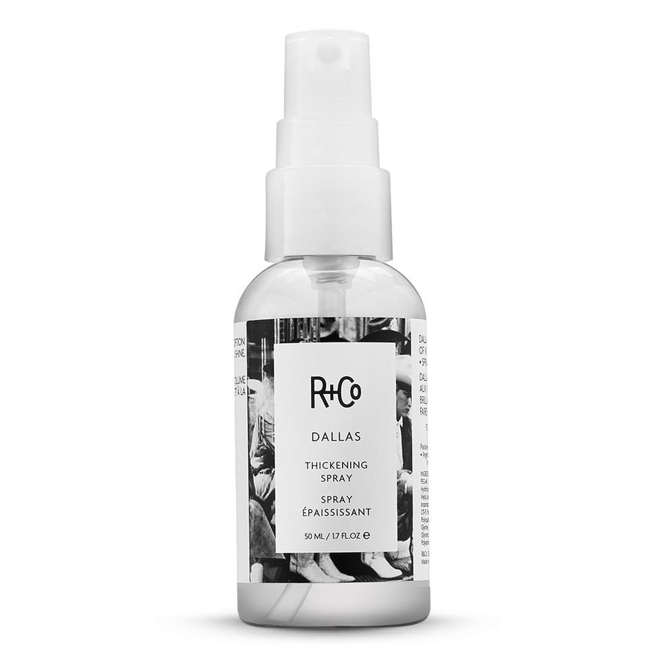 R+Co Dallas travel bottle front view showing compact packaging and volume benefit
