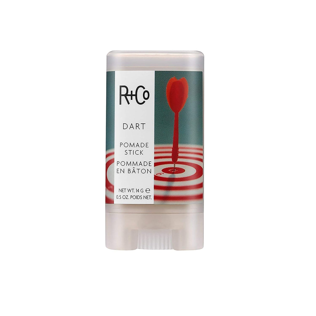 R+Co DART front packaging showing label and compact pomade stick, convenient styling