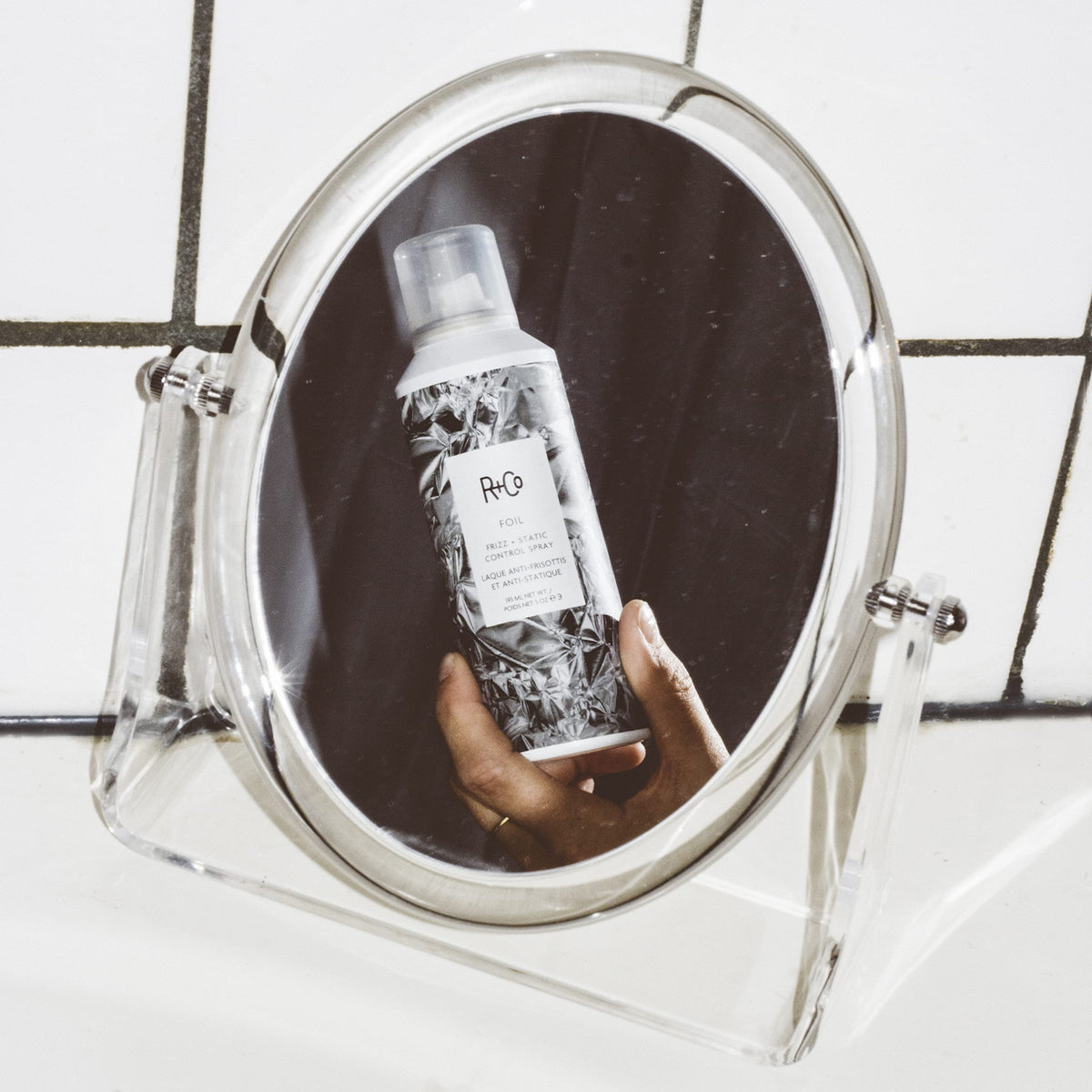 R+Co Foil fine spray texture dispersing mist for lightweight frizz control and shine