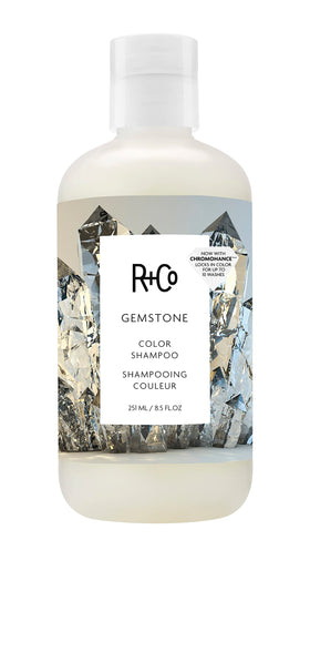 R+Co Gemstone front bottle shows product and benefit of color protection