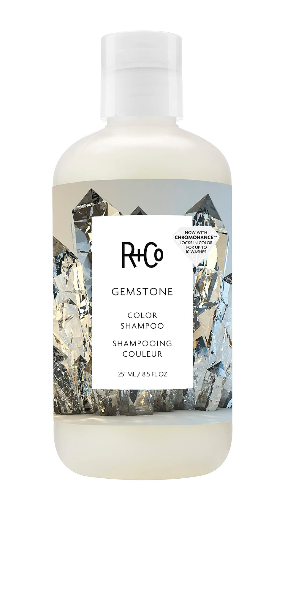 R+Co Gemstone front bottle shows product and benefit of color protection