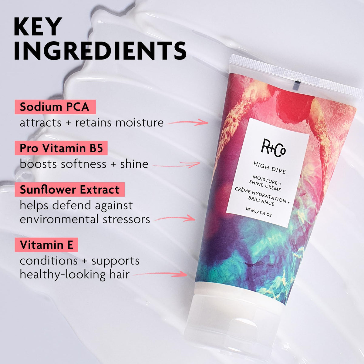 R+Co High Dive label detail focused on ingredient callouts to show sunflower extract and provitamin B5 benefits