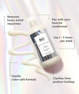 R+Co METAL DETECTOR pump and label detail highlighting gentle formula benefit