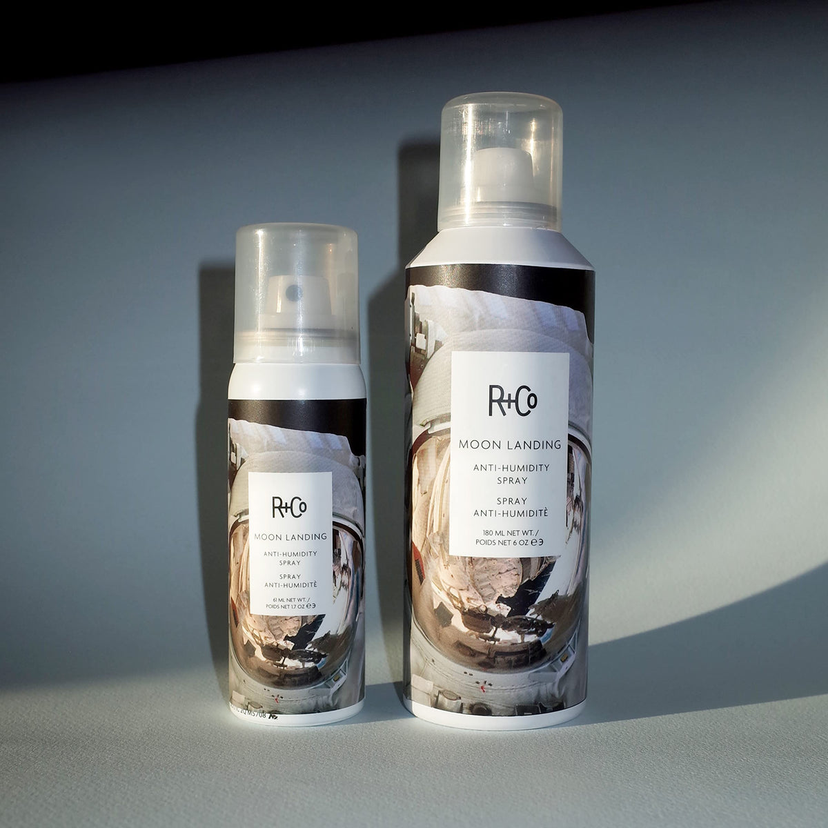 R+Co Moon Landing sprayed on styled hair demonstrating frizz control and satin finish