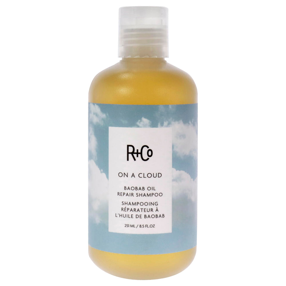 R+Co shampoo front packaging showing sleek bottle and brand benefit