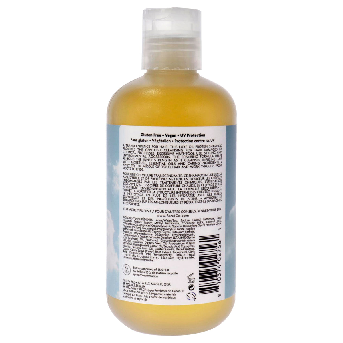 R+Co shampoo gel texture on hand highlighting moisture and lather