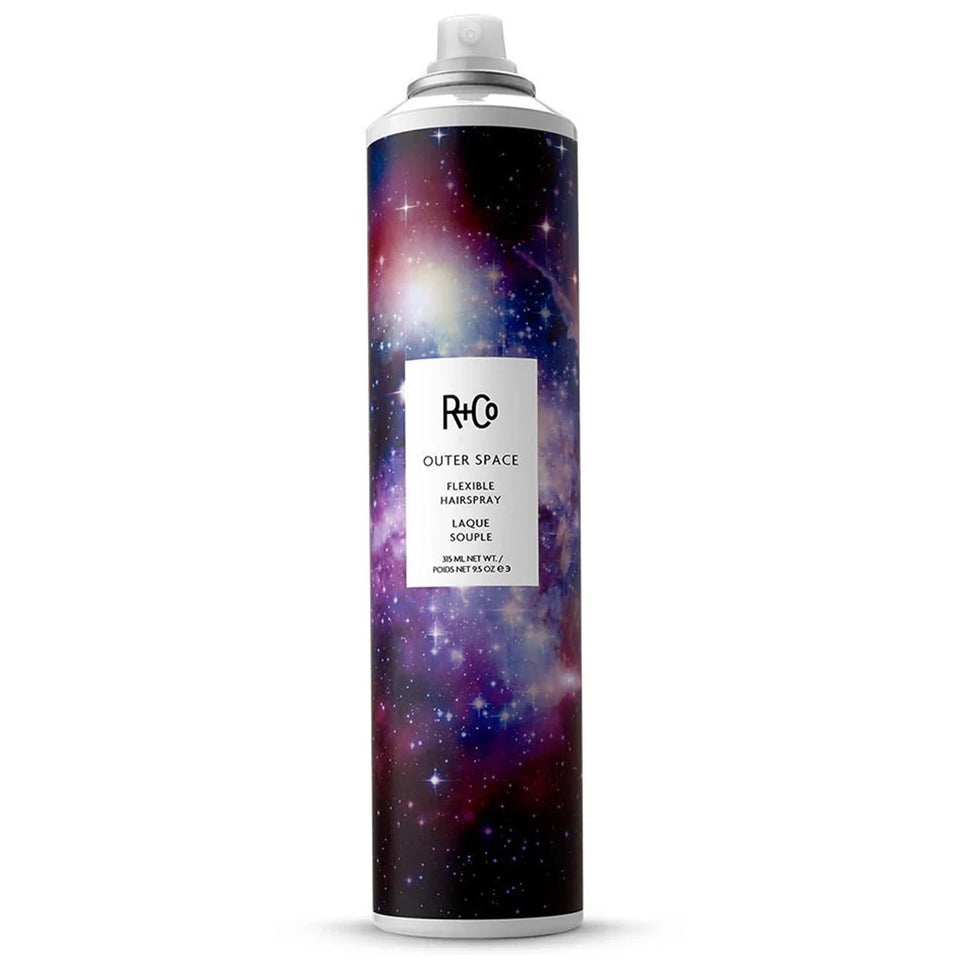 R+Co Outer Space front packaging showing unscented flexible-hold aerosol for styling