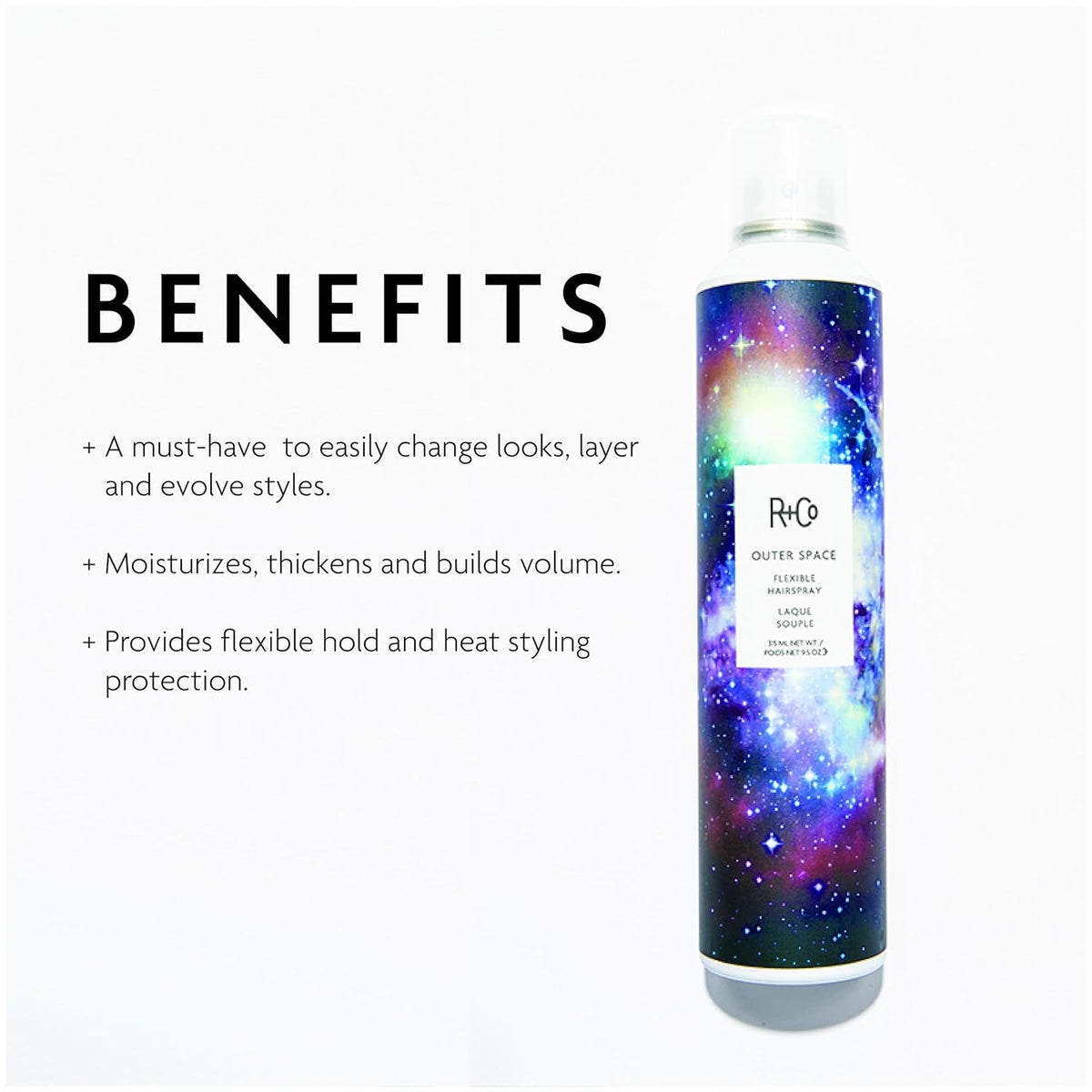 R+Co Outer Space label close-up highlighting features and ingredient benefits