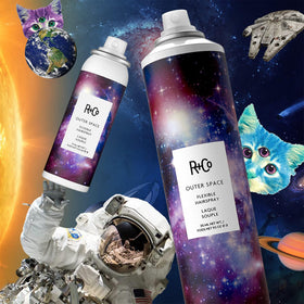 R+Co Outer Space on a bathroom shelf in a routine setting promoting layered styling