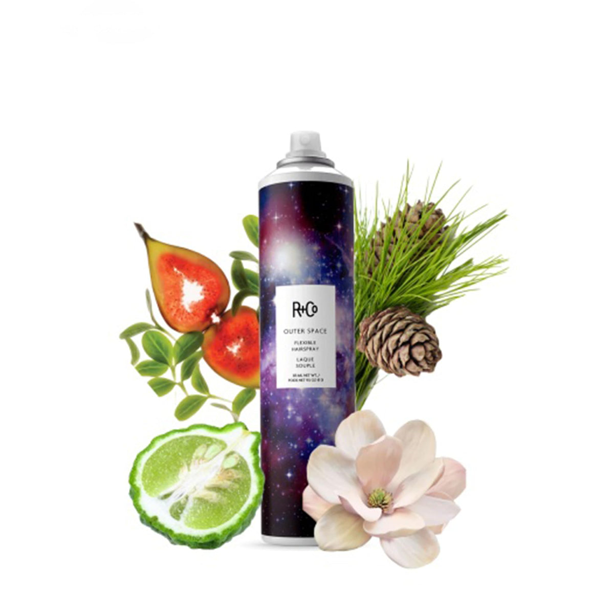 R+Co Outer Space next to a hand showing 9.5 oz scale for travel-friendly use