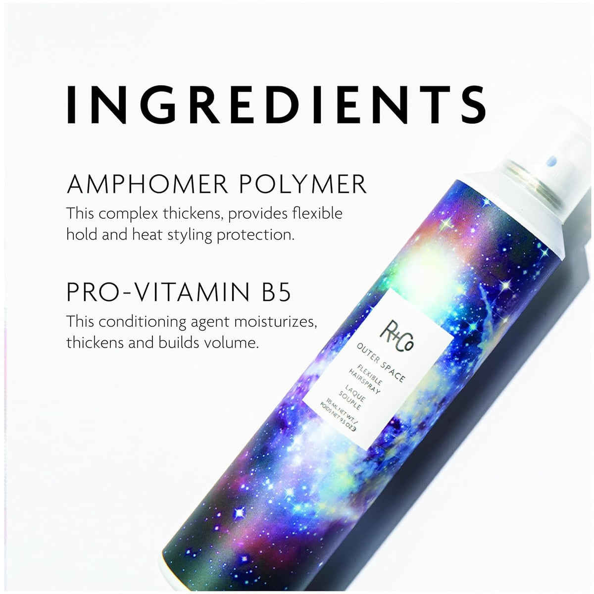 R+Co Outer Space visible spray mist showing lightweight texture and coverage