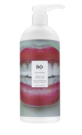 R+Co Television conditioner front bottle showing label and volume benefit