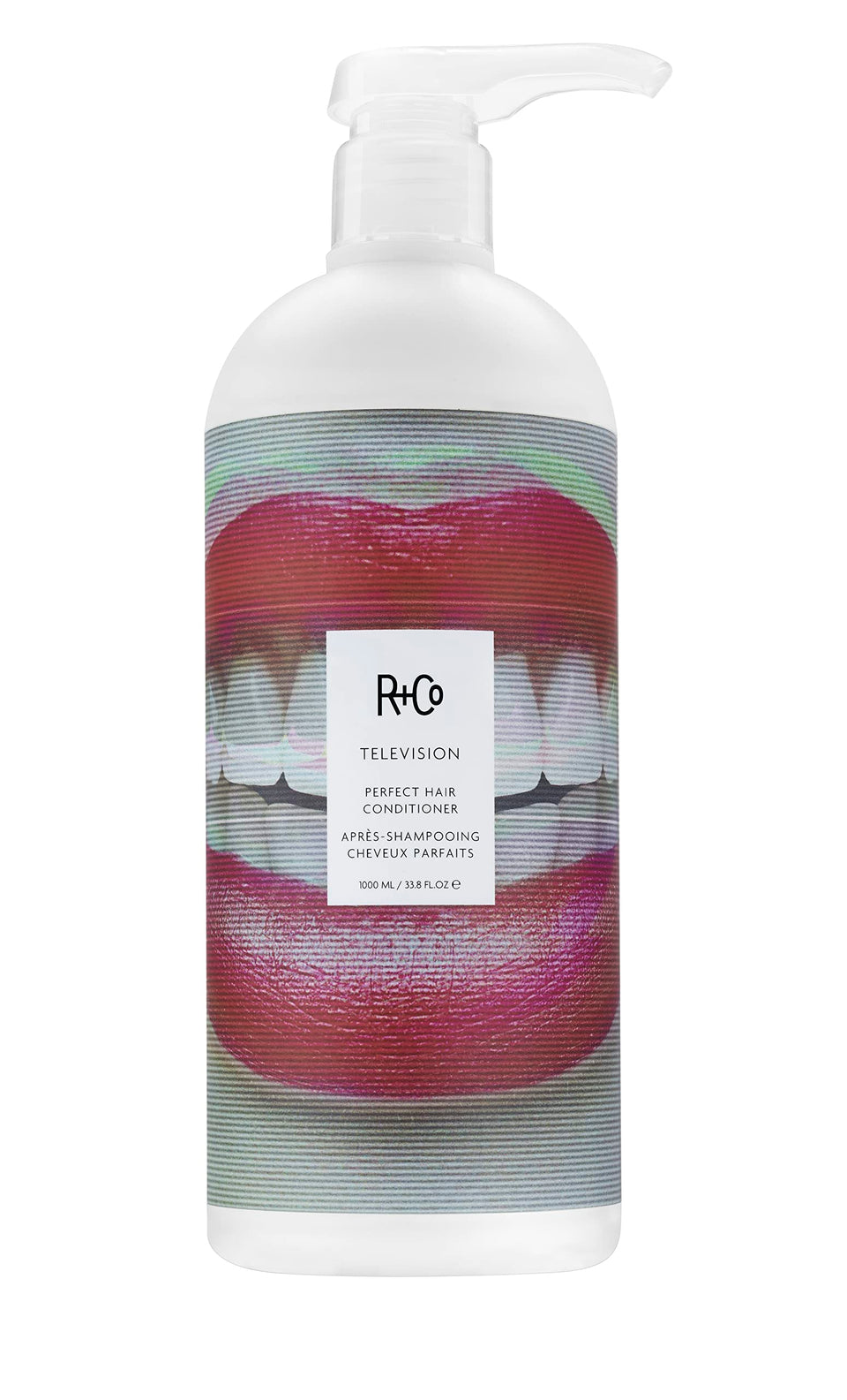 R+Co Television conditioner front bottle showing label and volume benefit