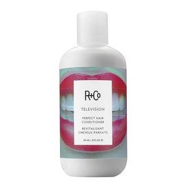 R+Co Television conditioner front packaging showing brand and sleek bottle benefit shine