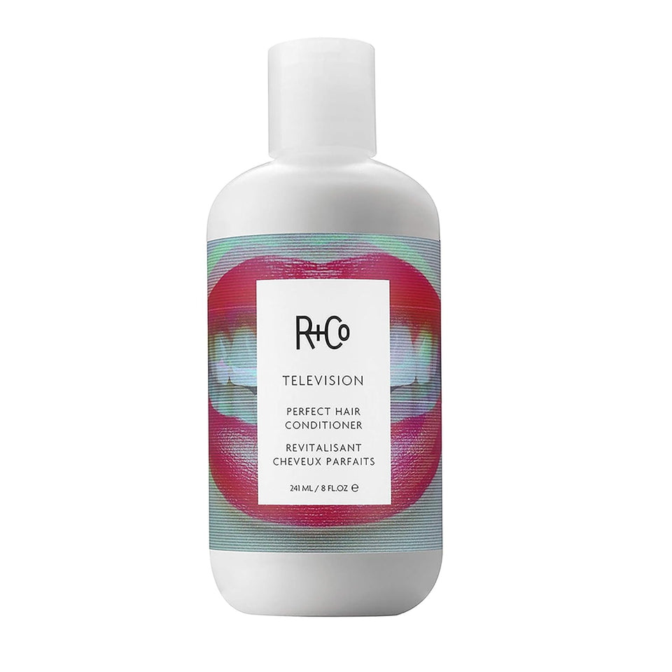R+Co Television conditioner front packaging showing brand and sleek bottle benefit shine