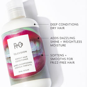 R+Co Television conditioner creamy pour texture showing hydration without heaviness