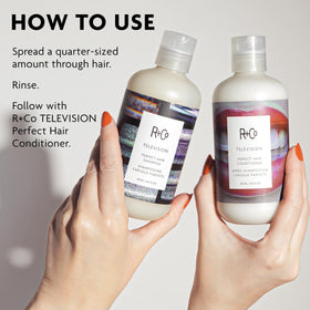 R+Co TELEVISION label detail focusing on botanicals and clear ingredient benefit