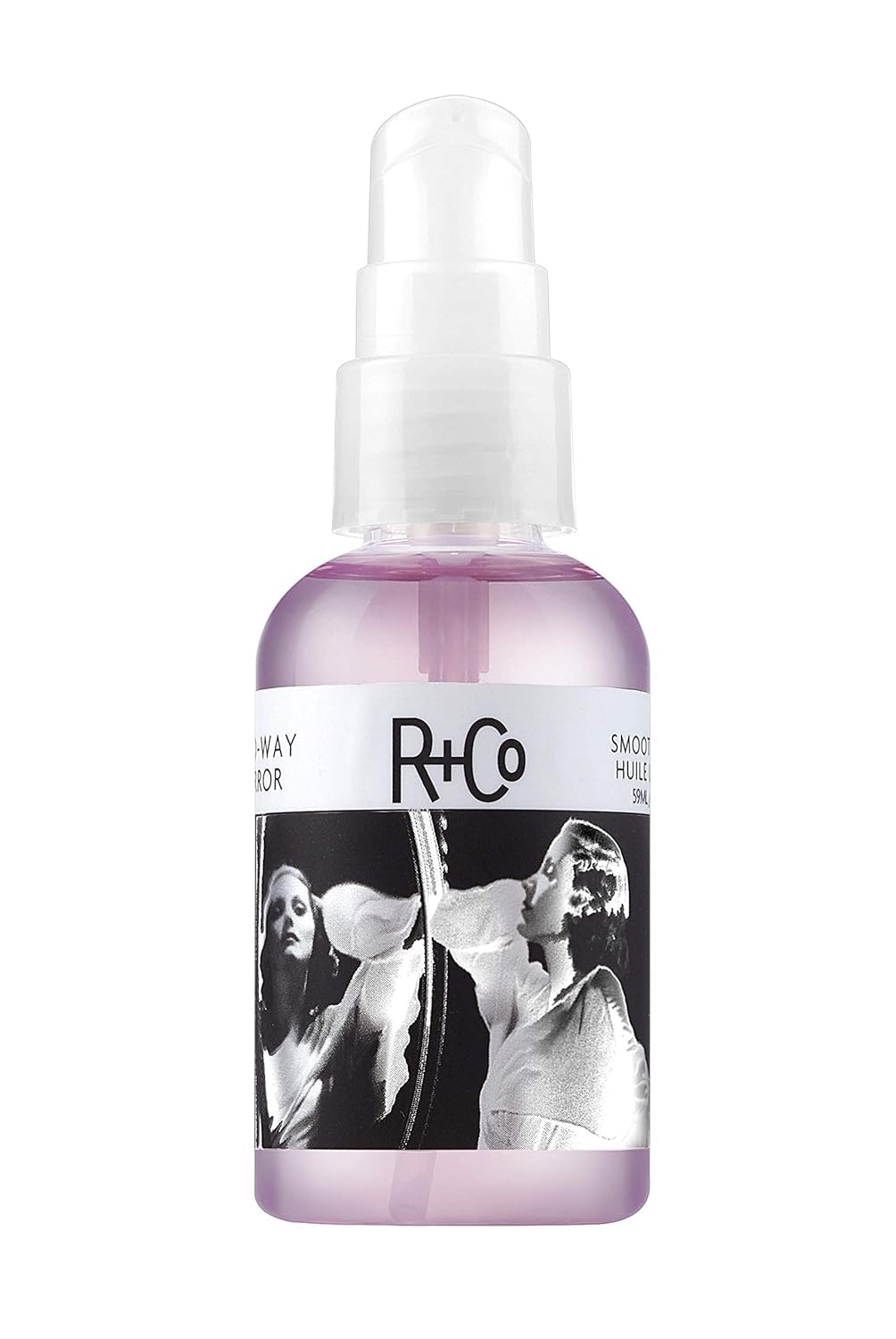 R+Co Two Way Mirror front bottle showing sleek packaging and shine benefits