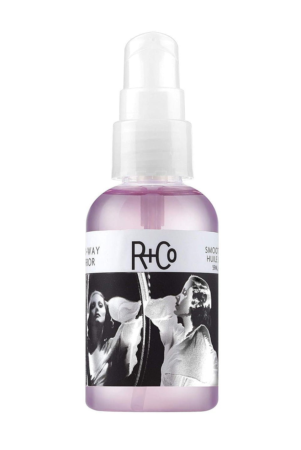 R+Co Two Way Mirror front bottle showing sleek packaging and shine benefits