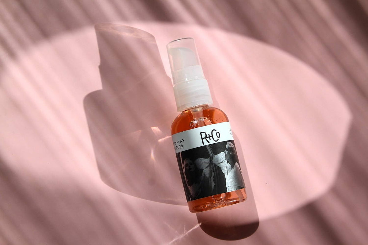 R+Co Two Way Mirror label close-up showing key ingredients and benefits