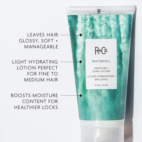 R+Co texture on palm dispensed from pump demonstrating lightweight lotion and easy spread