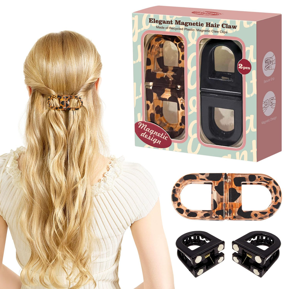 RCZETC front view showing leopard and black clips for easy styling and strong hold