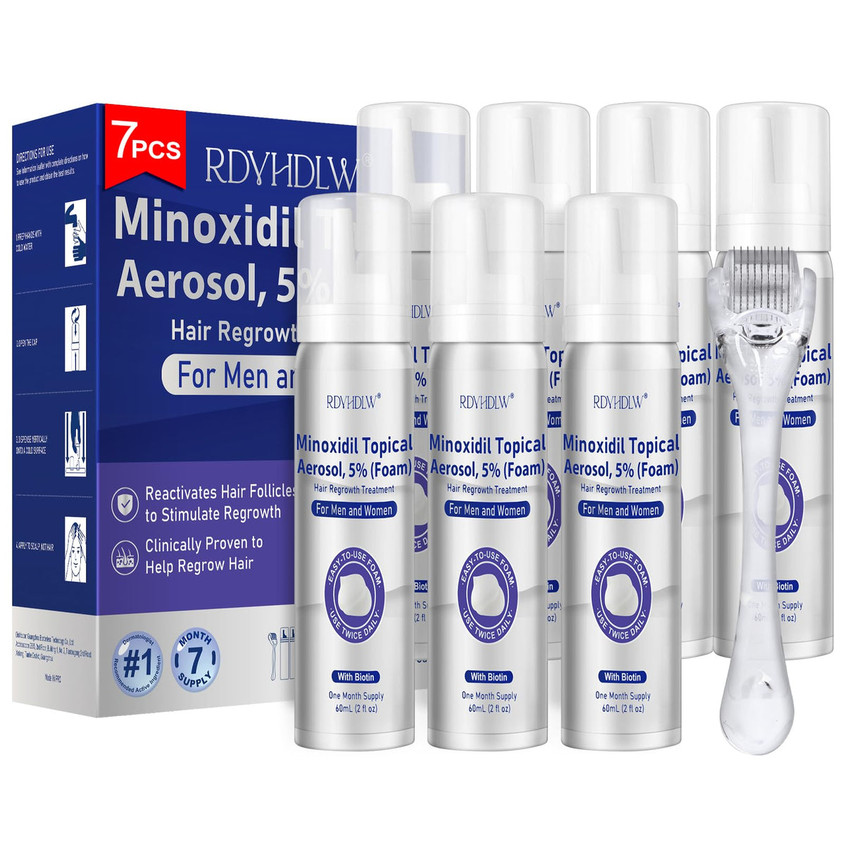 RDVHDLW front packaging showing 5% minoxidil foam and supply benefit
