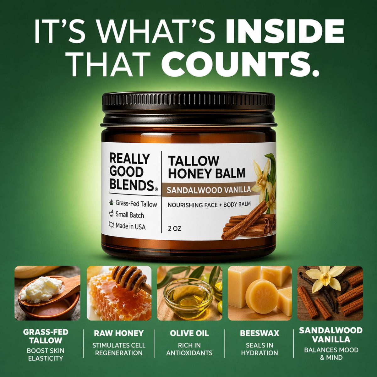 Really Good Blends balm being smoothed on hand to show moisturizing benefit