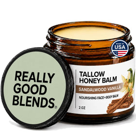 Really Good Blends jar front view showing sandalwood vanilla label and natural benefit