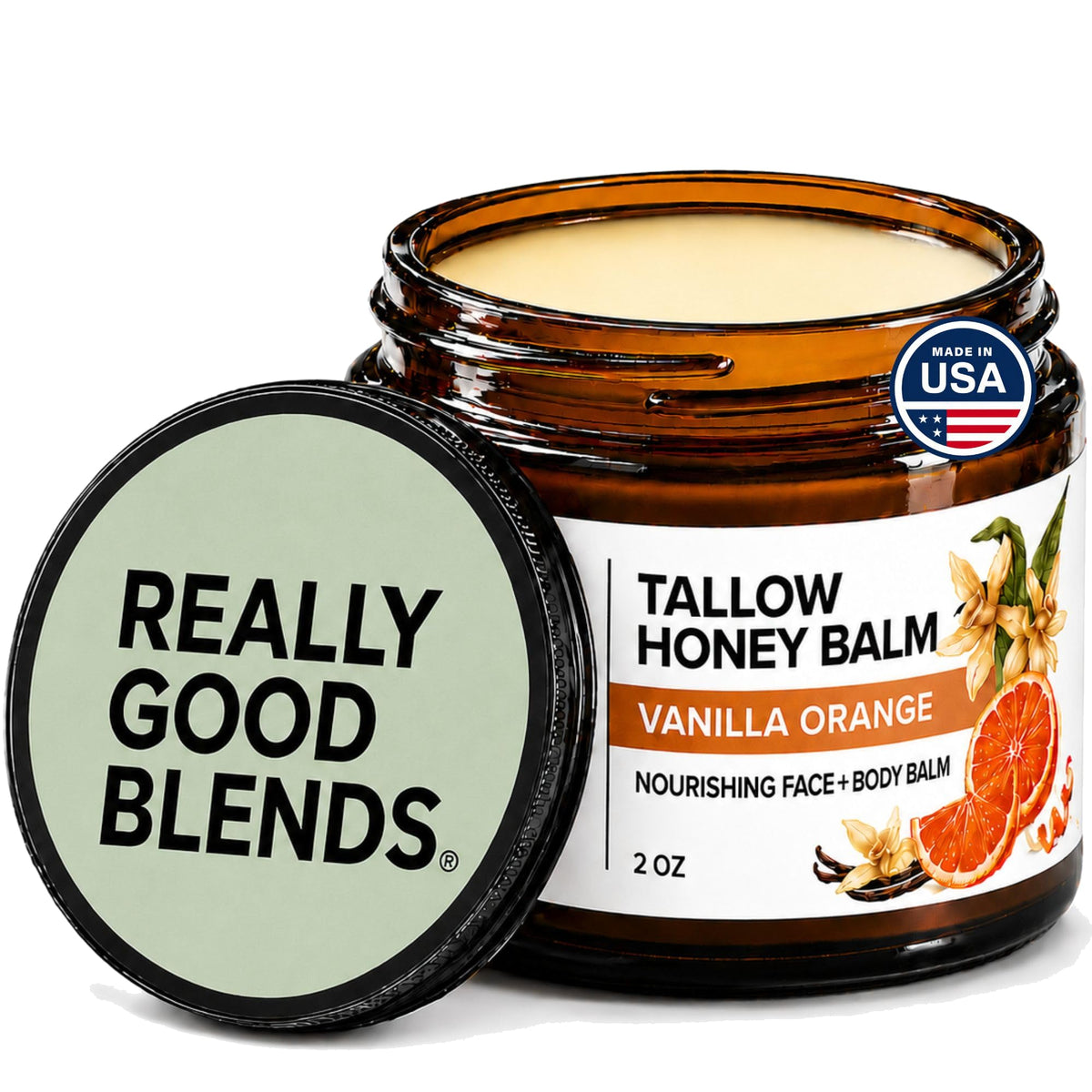 Really Good Blends front jar showing vanilla orange label and small size benefits