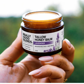 Really Good Blends raw ingredients tallow and honey display highlighting purity benefit