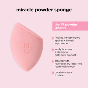 Real Techniques sponge blending foundation on cheek for seamless, streak-free finish