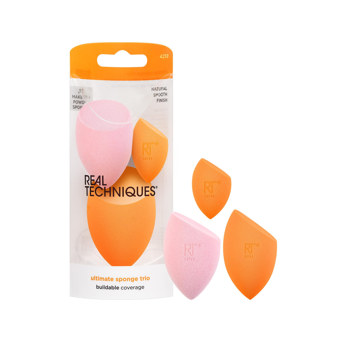 Real Techniques trio front packaging showing three sponges and benefits