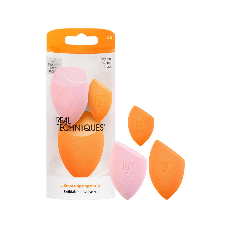 Real Techniques trio front packaging showing three sponges and benefits