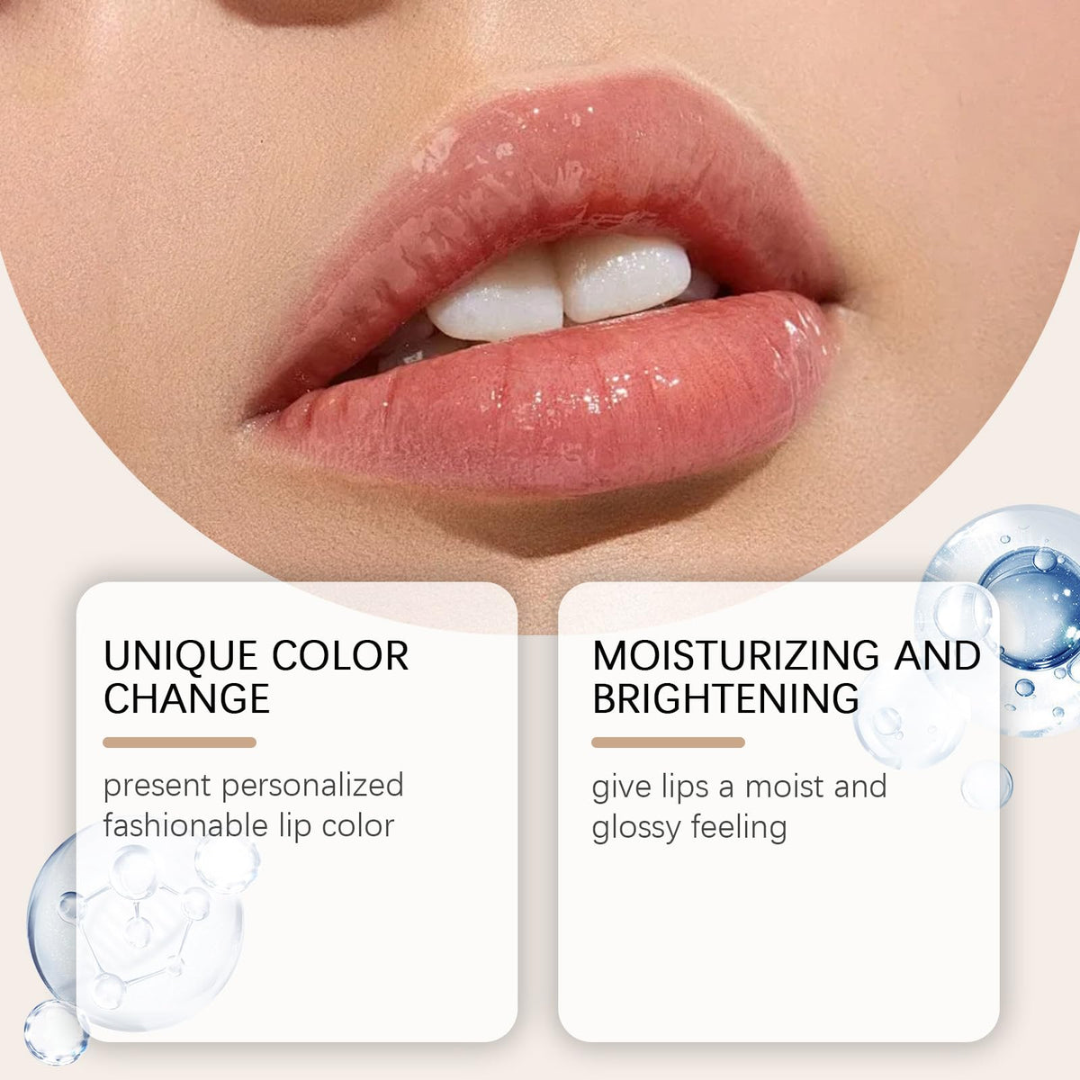 REATIFUL applied on lips of model, demonstrates personalized color development and shine