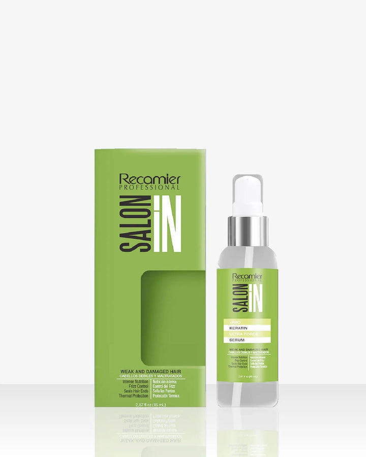 Recamier Salon In front packaging showing bottle and sleek shine benefit
