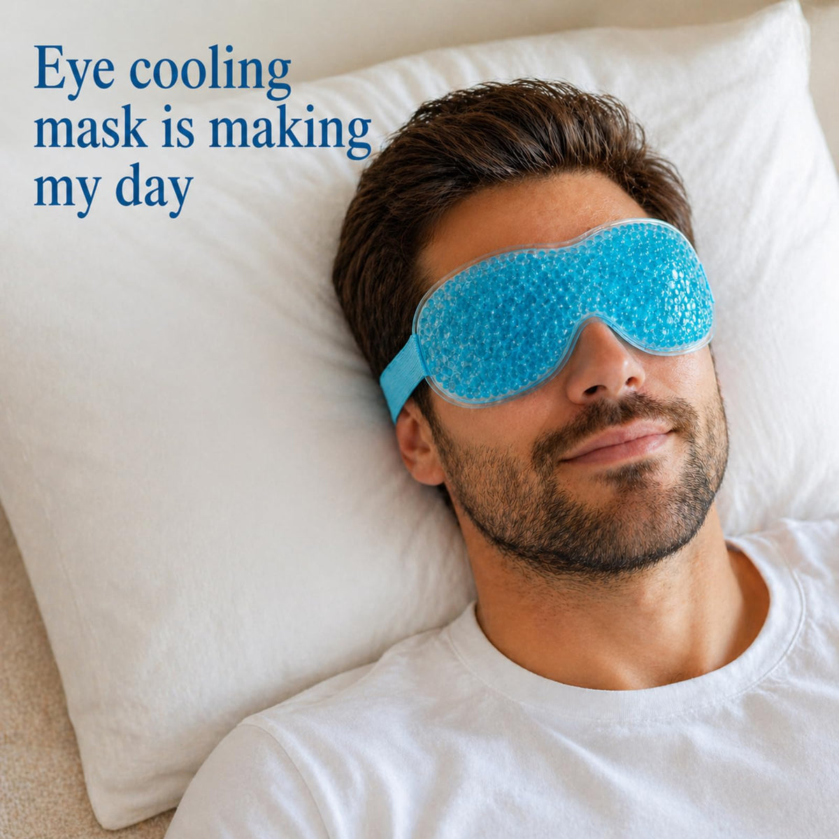 Reclua wearer relaxing on sofa with mask showing stress relief and travel-ready convenience