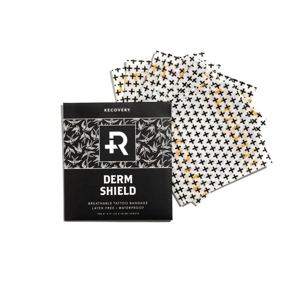 Recovery Aftercare Derm Shield applied on forearm protecting fresh tattoo and reducing friction