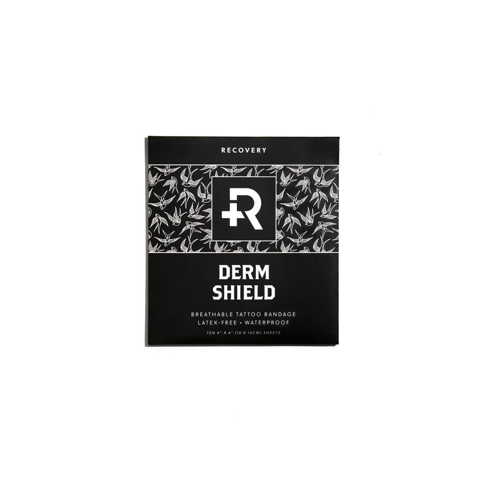 Recovery Aftercare Derm Shield front packaging showing clear 4x4 bandages and benefits