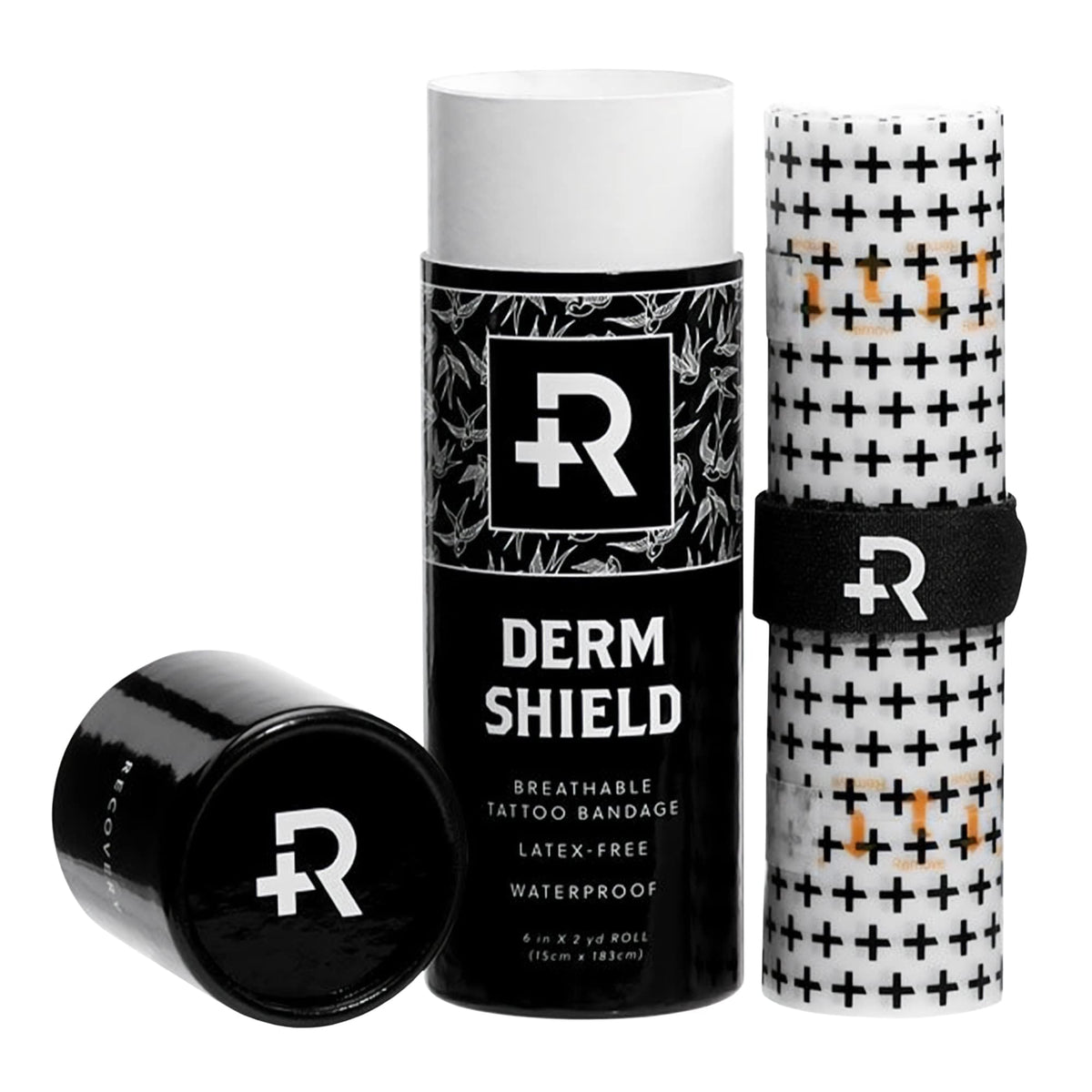 Recovery Aftercare roll front view showing matte transparent film protecting tattoos