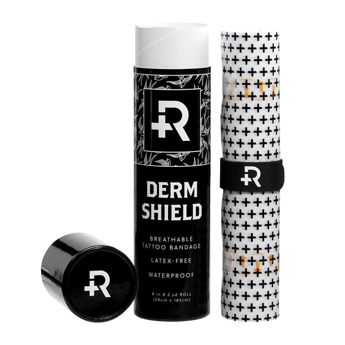 Recovery Aftercare roll front view showing clear film and packaging protecting tattoos