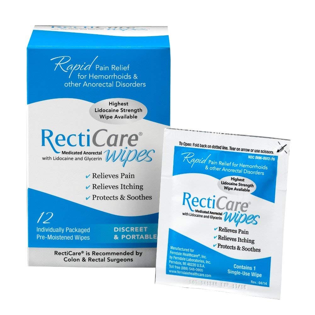Recticare front packaging showing 12-count pack and active 5% lidocaine for quick relief