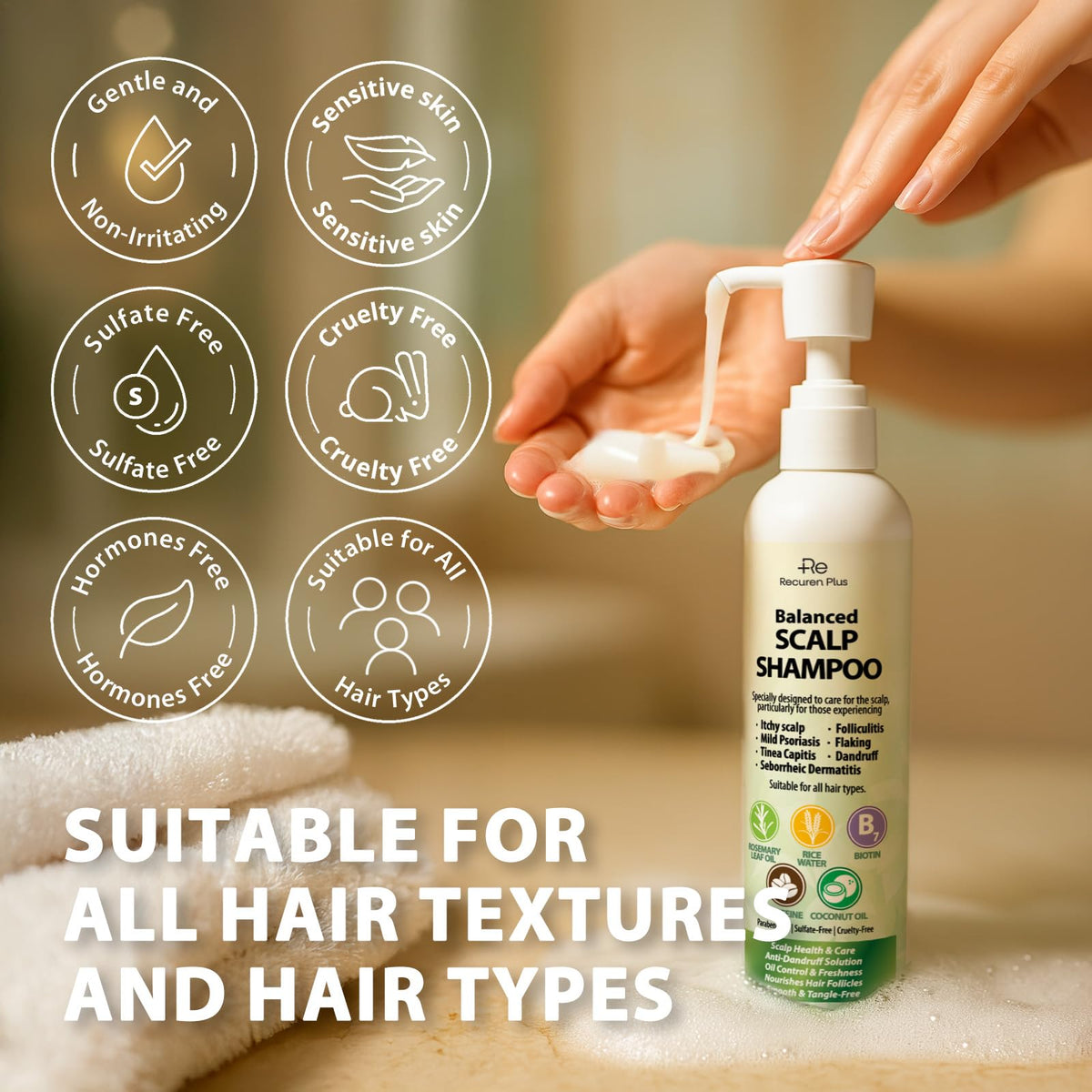Recuren Plus pump and label close-up highlighting active ingredients
