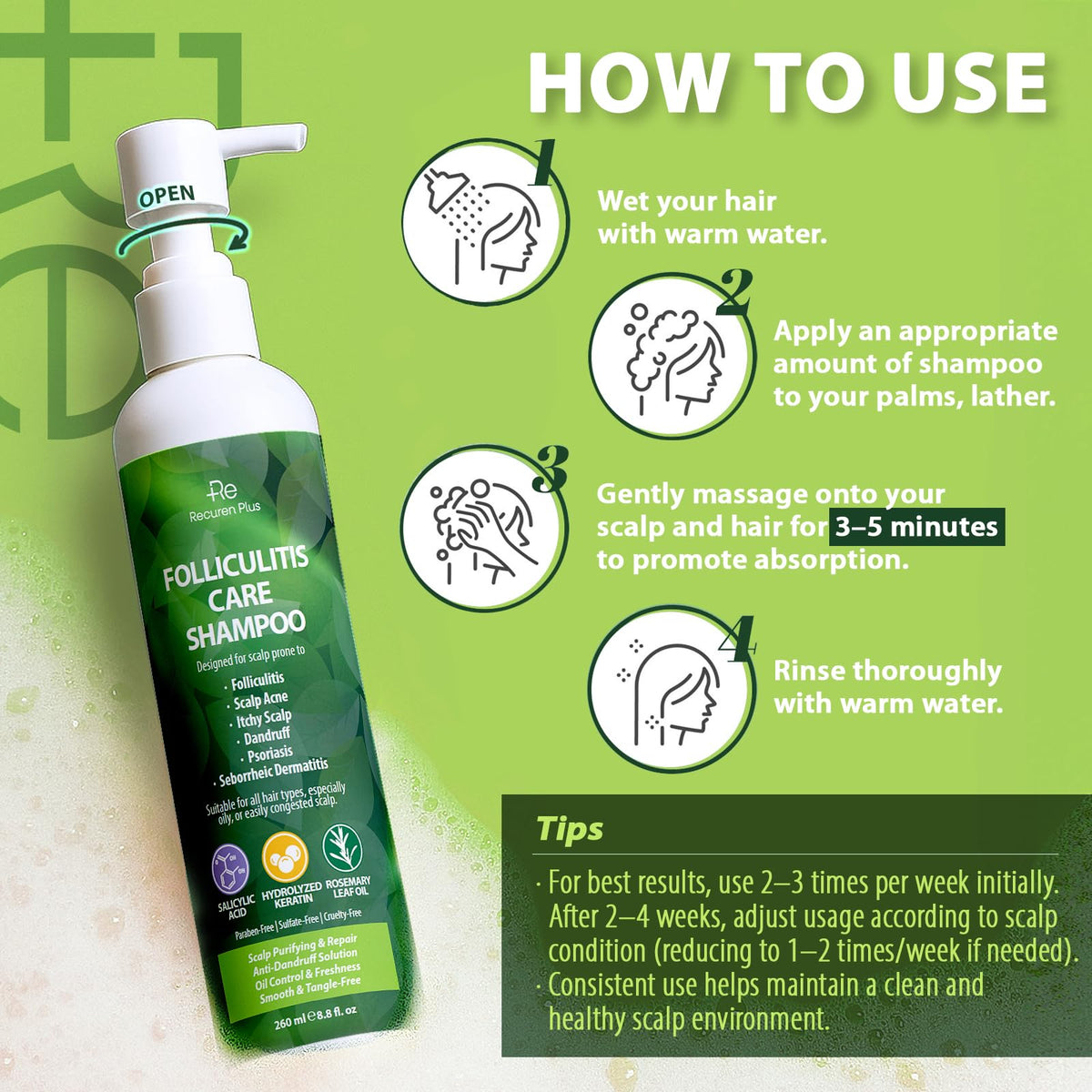 Recuren Plus being massaged into scalp demonstrating soothing action