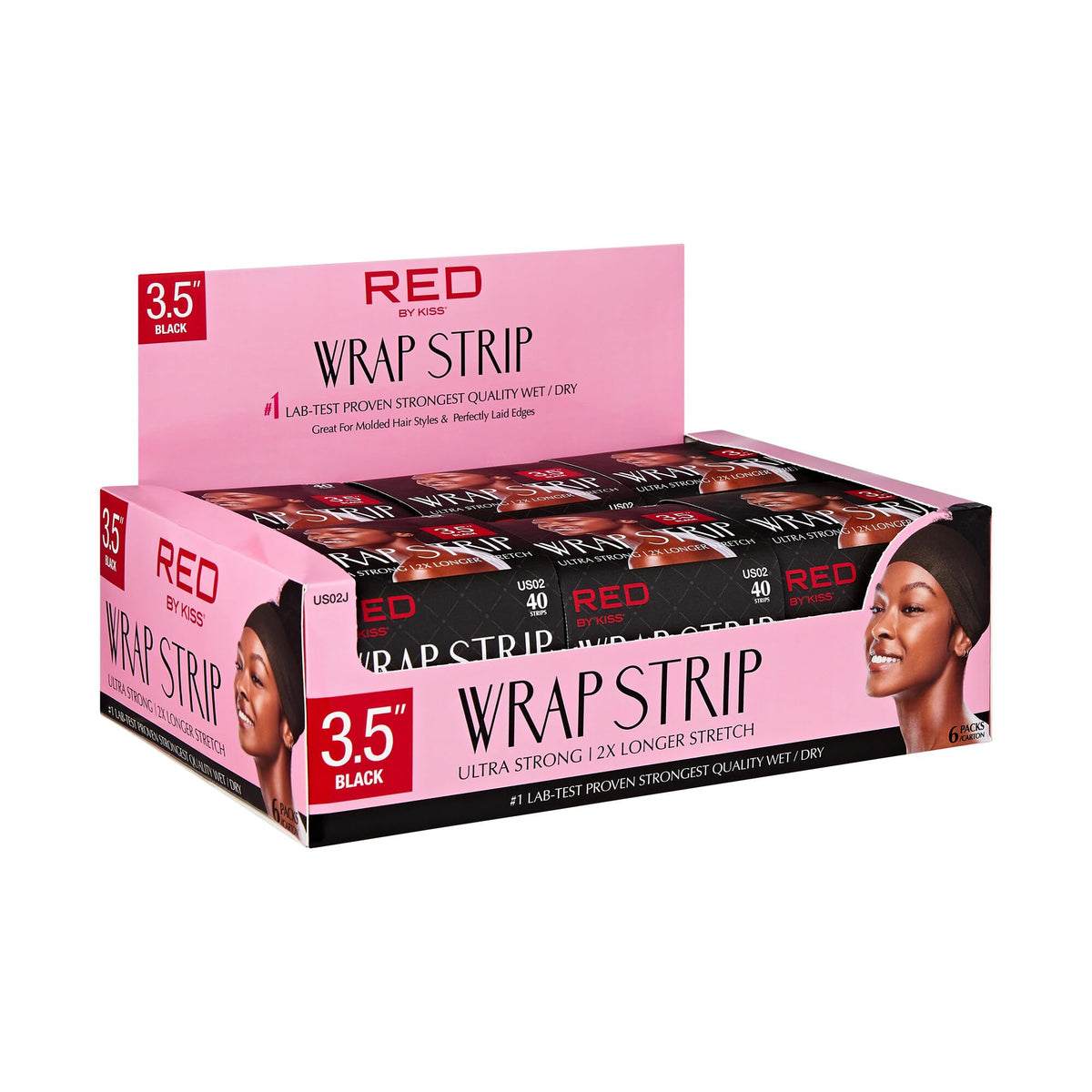 Red by Kiss strip applied to hair demonstrating sleek edge control benefit