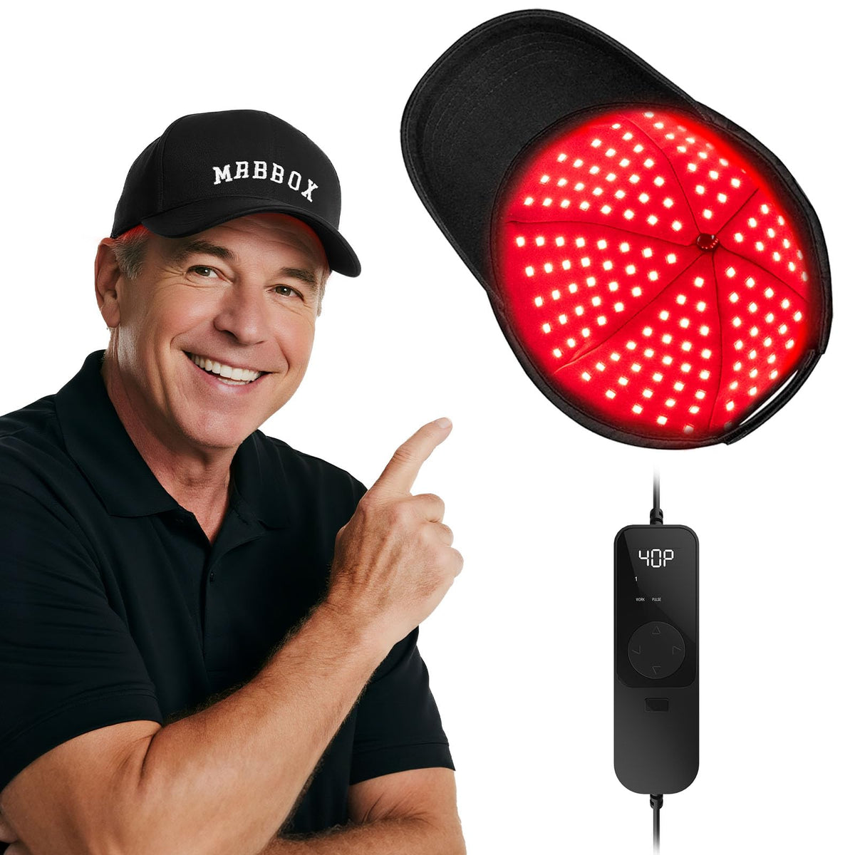 Red Light Hair Growth Cap front view showing sleek black design and coverage benefit