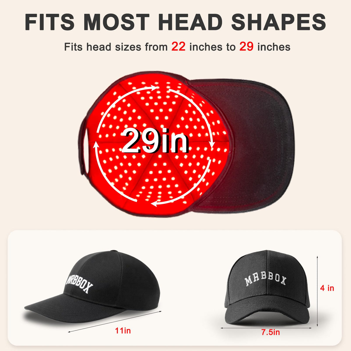 Red Light Hair Growth Cap packaging and contents showing included adapter and warranty benefit