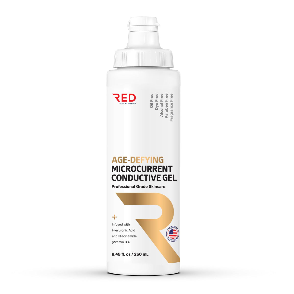 RED Medical Supplies front bottle showing label and volume, clear product benefit