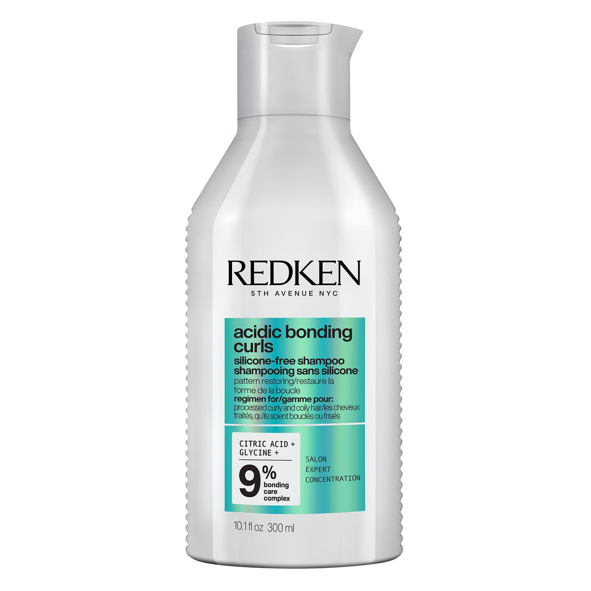 Redken bottle front packaging showing Acidic Bonding Curls shampoo benefit